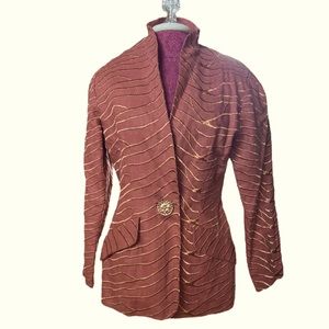 Vintage Linen Rust Colored Blazer, Gold Embroidered Thread Designs, NWT